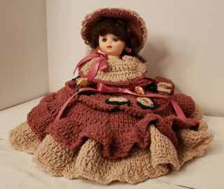 Crochet Bed Pillow Doll Vintage Burgundy & Tan Dark Hair Sleepy Blue Eyes Large