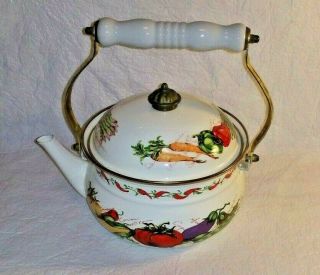 Enamel Tea Kettle Tea Pot Fruit Motif Decor Vintage Cream Color