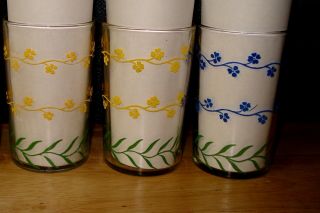 3 Vintage Swanky Swigs Juice Glasses Posy Forget Me Nots 2 Yellow 1 Blue Flower