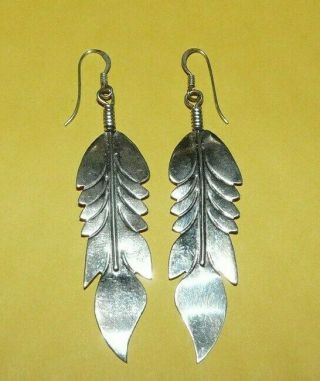 Vintage Native Navajo Southwestern Sterling Silver Dangle " Feather " Earrings Nr