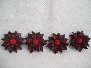 4 Vintage Metal Dark Red Leafy Flower Curtain Tie Backs Tacks W/glass Centers