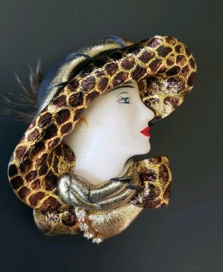 Vintage Lady Face Head Pin Brooch Porcelain Look Resin