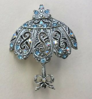 Vintage 1928 Jewelry Co Costume Iridescent Blue Rhinestone Umbrella Pin Ha31