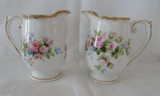 Vintage Moss Rose England Roslyn China 2 Cream Pitchers Pink Roses Gold Rim