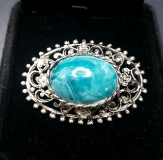 Vintage Signed Hollywood Blue Green Stone Oval Brooch Costume Jewellery Pretty