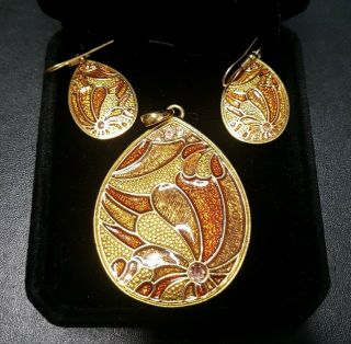 Vintage Enamel Orange Flower Gold Tone Costume Jewellery Set Earrings Pendant