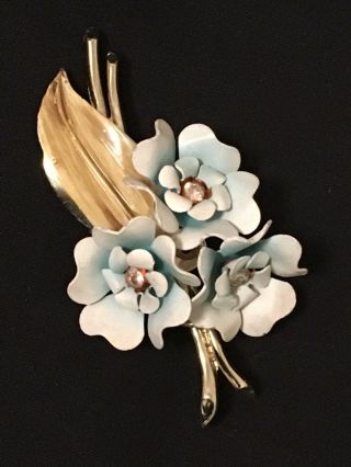 Vintage Signed Coro Blue Enamel Flower Rhinestone Brooch 3”