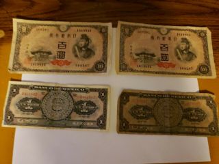 2 Vintage Banco De Mexico Mexican Un Peso One Peso Note Paper 1948,  2 Yen China