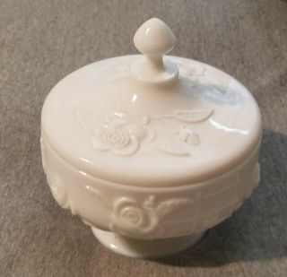 Vintage Milk Glass Footed Candy Dish,  Rose Motif