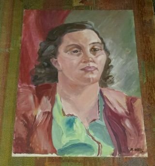 Vintage Expressionist Oil Painting Portrait Of A Woman Signed A.  Wells 1940s/50s