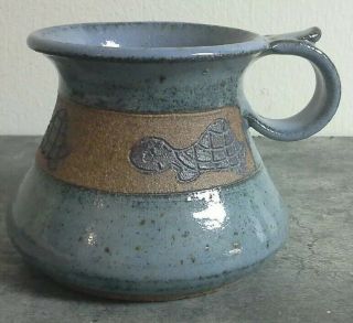 Vintage Hand Thrown Turtle Design Pottery Coffee Mug No Spill Travel Mug Signed