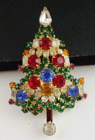 Vintage Warner Christmas Tree Pin Brooch W/red Yellow Blue Green Clear