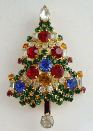 VINTAGE WARNER CHRISTMAS TREE PIN BROOCH W/RED YELLOW BLUE GREEN CLEAR 2