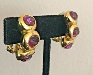 Vintage Gold Tone And Amethyst Rhinestone Clip On Earrings Purple 1990s