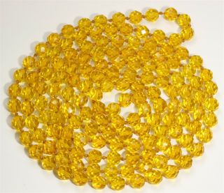 Vintage Art Deco Long Hand Knotted Czech Faceted Topaz Glass Bead Necklace 54 "