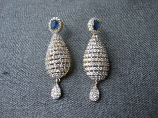 Vintage Blue Faceted & Clear Rhinestones Filigree Golden Metal Dangle Earrings