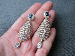 Vintage blue faceted & clear rhinestones filigree golden metal dangle earrings 2