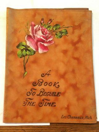 Vintage Leather Book Cover With Painted Rose Design And A Book Mark