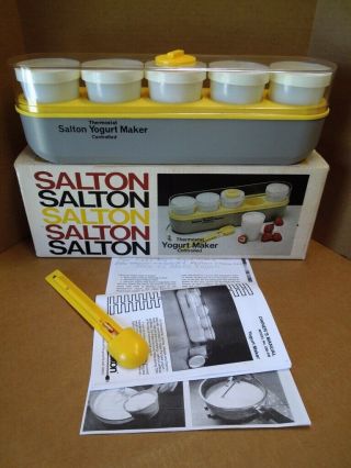 Vtg Gm - 5 Salton Yogurt Maker Spoon & Box White Jars & Lids Thermostat Controlled