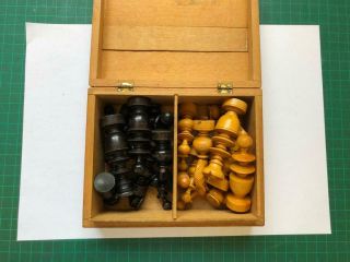Vintage Old German Chess Game Wooden Figures In A Small Old Wood Box - Great