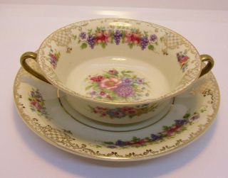 Rosenthal Ivory Floranada 2 Handle Soup Bowl Cup With Saucer Under Plate Vtg