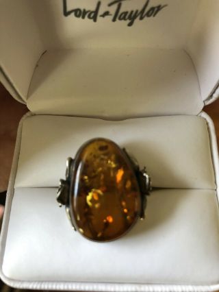 Large Amber On Vintage Silver Flower Band Statement Ring,  5 1/2.