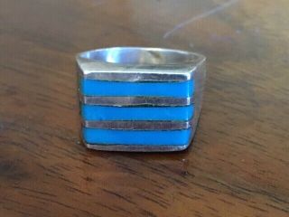 Vintage Taxco 925 Sterling Silver Triple Turquoise Inlay Band Ring Size 7.  5,  10g
