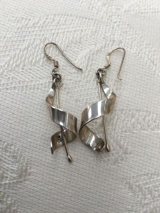 Vintage Sterling Silver 925 Ribbon Drop Earrings Pierced Ears