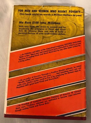 Think And Grow Rich By Napoleon Hill 1965 DJ Dust jacket W.  Clement Stone HC 2