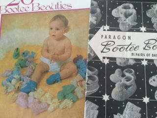 2x Vintage Patons Paragon Knitting Pattern Book For Baby Booties Bootees