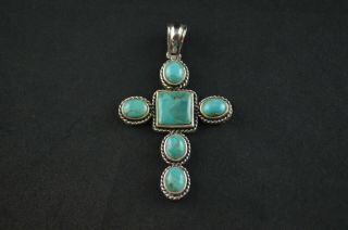 Vintage Sterling Silver Cross Pendant W Turquoise Stones - 15g