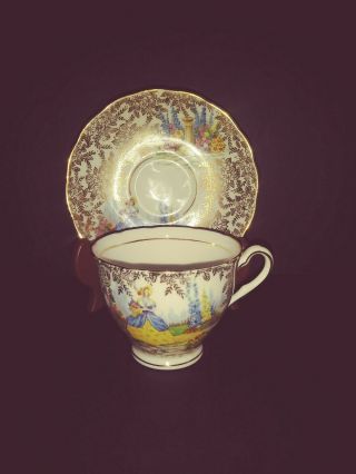 Vintage Colclough " Lady In The Garden " Porcelain Tea Cup & Saucer 3 " T Euc