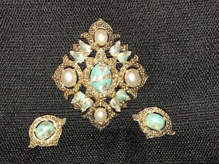 Vintage Sarah Coventry Faux Turquoise Pearl Pin Brooch & Clip Earrings 3 Pc Set