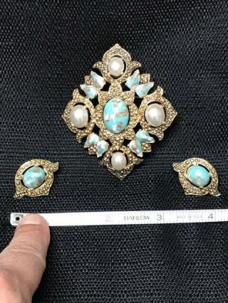 Vintage Sarah Coventry Faux Turquoise Pearl Pin Brooch & Clip Earrings 3 pc Set 2