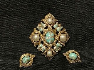 Vintage Sarah Coventry Faux Turquoise Pearl Pin Brooch & Clip Earrings 3 pc Set 4