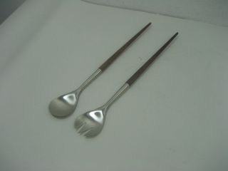 Vintage Long Stainless Steel Fork & Spoon Salad Tongs With Wooden Handles