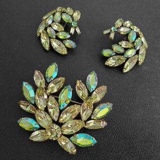 High End Vintage Yellow Green Ab Crystal Flower Brooch Pin & Earrings Set J24