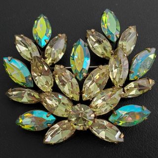 HIGH END Vintage Yellow Green AB Crystal Flower Brooch Pin & Earrings SET J24 2