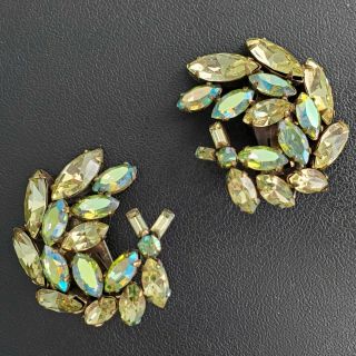 HIGH END Vintage Yellow Green AB Crystal Flower Brooch Pin & Earrings SET J24 3