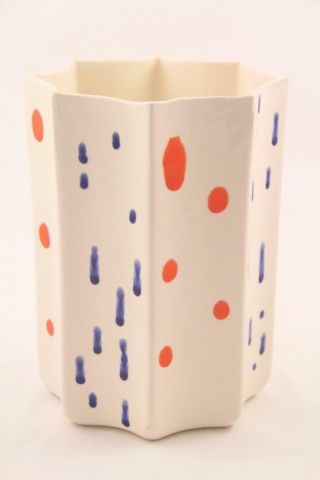 Mid Century Vintage Creek Turn Ceramic Pottery Orange Dots Blue Drips Vase 419