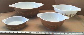 Vintage Pyrex Early American Brown,  White,  And Gold Pattern 4 Bowl Set