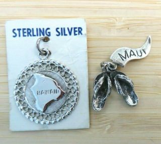 Vtg Sterling Silver Hawaii Big Island Map,  Maui Flip Flops Bracelet Charms