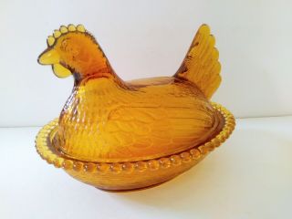 Vintage Carnival Amber Indiana Glass Hen On Nest Bead Candy Dish Chicken Lid