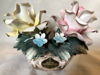 Vintage Estate NUOVA CAPODIMONTE Ceramic Roses Woven Basket Italy Crown N 2