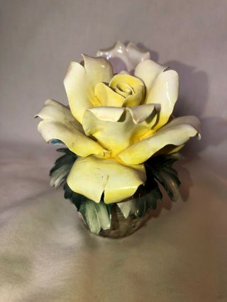 Vintage Estate NUOVA CAPODIMONTE Ceramic Roses Woven Basket Italy Crown N 3