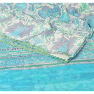 Sanskriti Vintage Cream Saree Printed Chiffon Silk Sari Craft Decor 5 Yd Fabric 2
