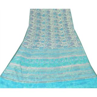 Sanskriti Vintage Cream Saree Printed Chiffon Silk Sari Craft Decor 5 Yd Fabric 3
