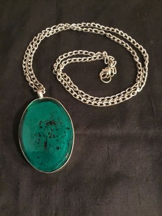 Fab Vintage 1970s Style Large Pendant & Chain - Green Glass - Boho
