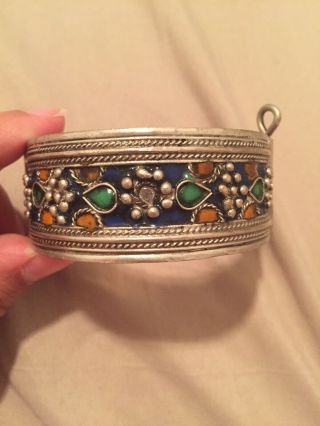 Vintage Moroccan Berber Tribal Cuff Hinged Bracelet Silver Alloy & Enamel Color