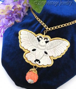 Vintage Kenneth Lane Large Gold Silver Butterfly Moth Coral Pendant Necklace